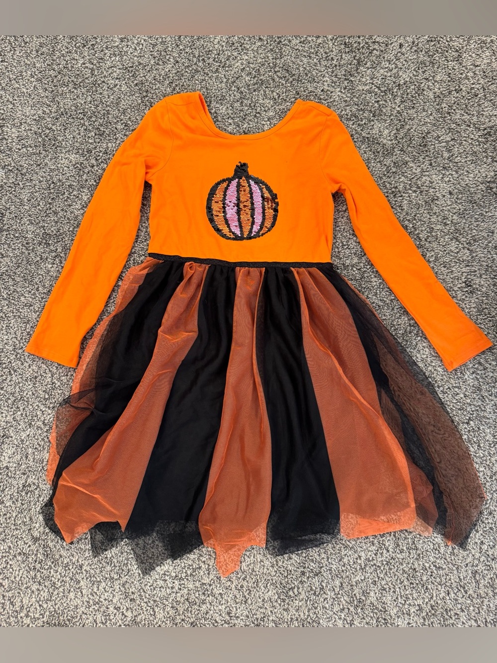 Flippy Sequin Orange & Black Pumpkin Tulle Kids Dress 10/12
